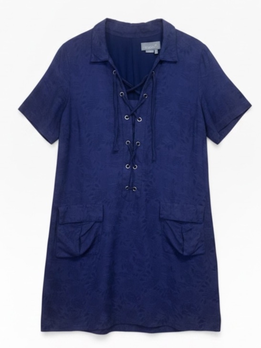 Anthropologie Finley Lace-Up Linen Blend Short Sleeve Shirtdress Navy Blue Sz 14